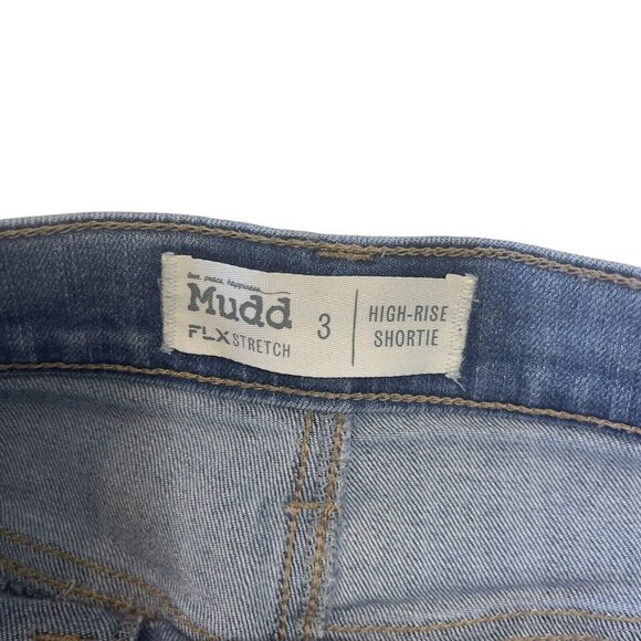 Mudd FLX Distressed Denim Jean Shortie Junior SZ 3 Blue Frayed Hem High Rise - Picture 3 of 10